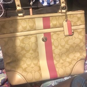 Coach est 1941 pink and white  striped tan purse